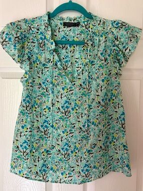 Vineyard Vines Aqua Floral V-Neck Flutter Sleeve Blouse Silk blend Cottage XXS